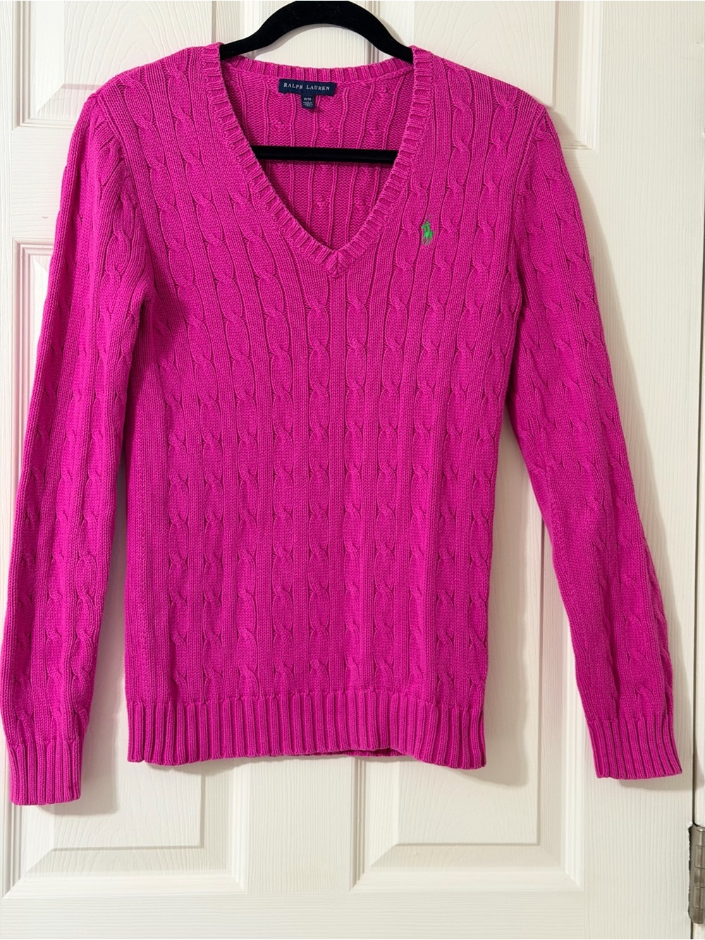 Ralph Lauren Bright Pink Cable-Knit V-Neck Sweater 100%Cotton